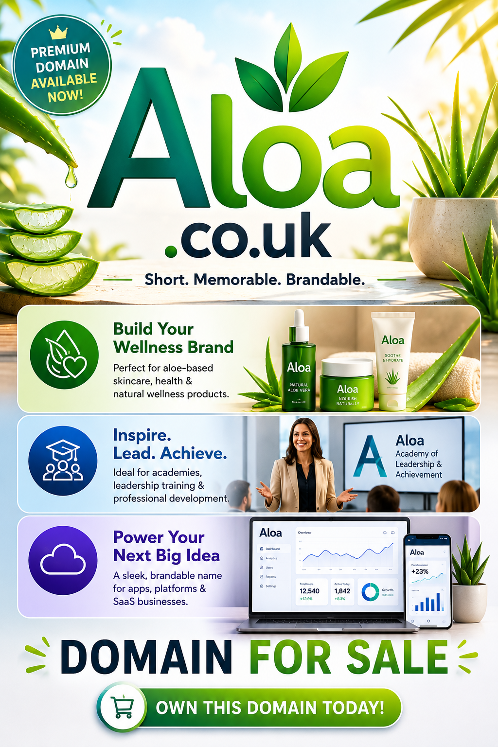 Promotional graphic featuring the domain Aloa.co.uk, shown with aloe-inspired branding, wellness icons and a sculpted letter A. Style: bright modern startup design.