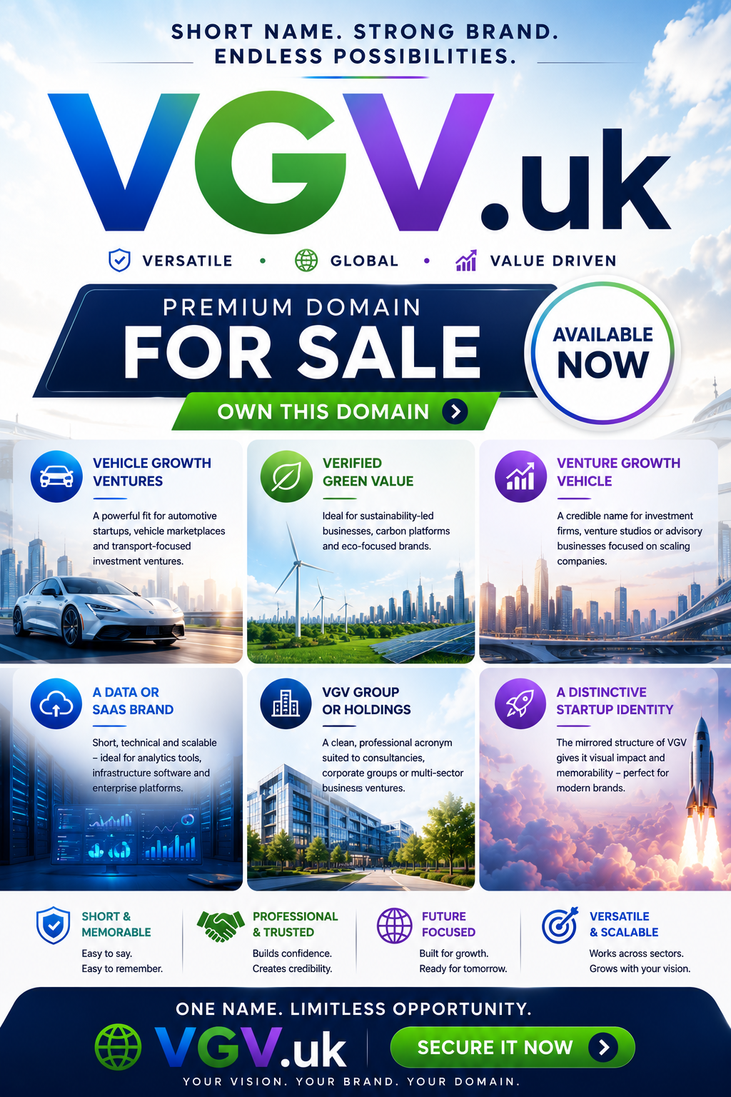 Promotional graphic for VGV.uk with automotive, SaaS and investment visuals in a bright futuristic style.